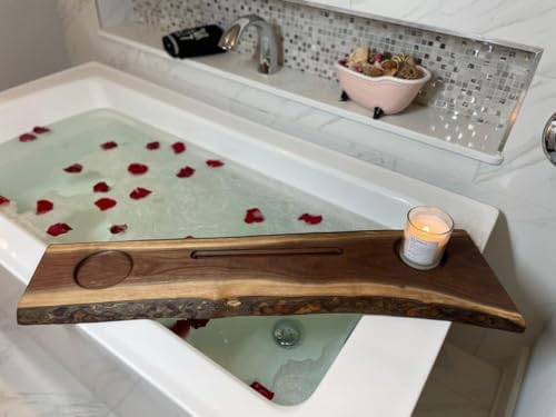 RESINHOMEFURNITURE Acacia Wood Bathtub Tray Caddy with Book & Wine
