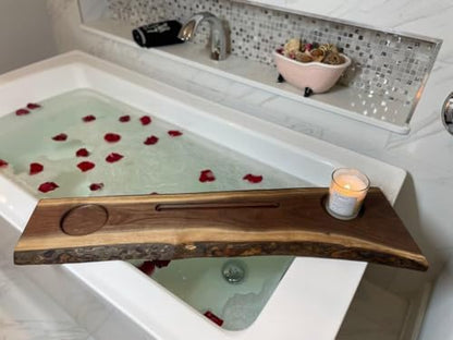 RESINHOMEFURNITURE Acacia Wood Bathtub Tray Caddy with Book & Wine
