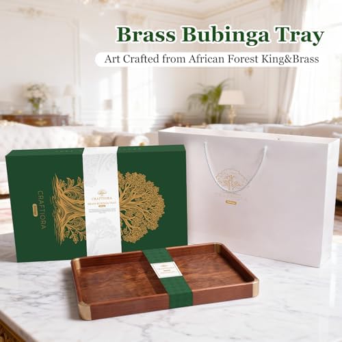 Bubinga Wood Serving Tray, 14.5"x9.8" Decorative Tray with Brass