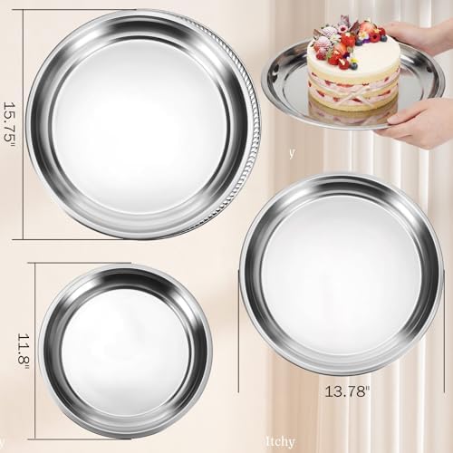 3 Pack Round Silver Trays Stainless Steel, Smooth Style
