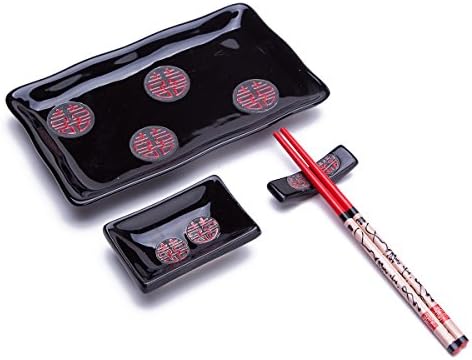 4 Pcs Japanese Sushi Plate Dinnerware Set Black With Chinese Double