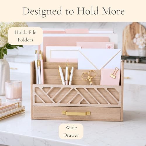 BLU MONACO | Wooden Mail Organizer with Drawer and Gold Handle