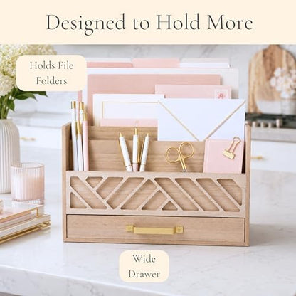 BLU MONACO | Wooden Mail Organizer with Drawer and Gold Handle