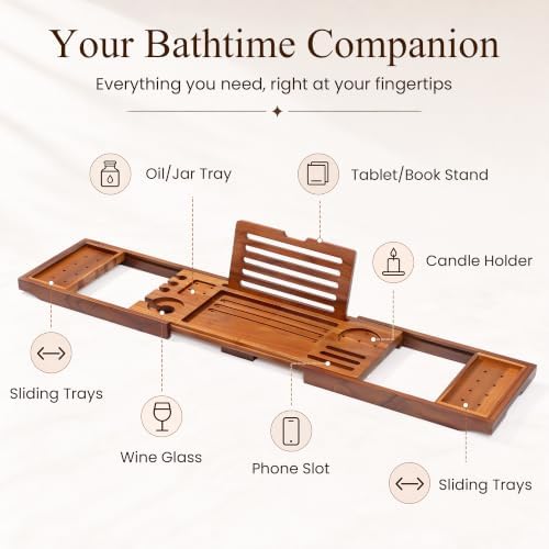 Teak Bathtub Tray, Expandable Bath Caddy 28.5-40", Stained