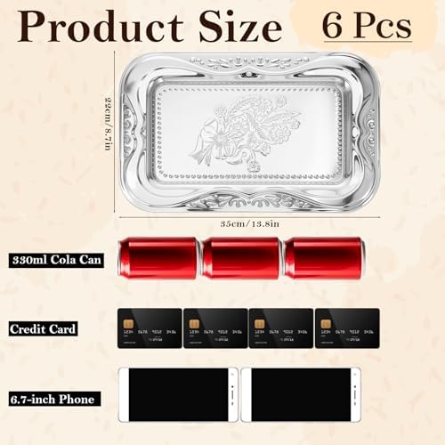 6 Packs Silver Serving Trays, 13.8" x 8.7" Bow Floral Engraved Mirror