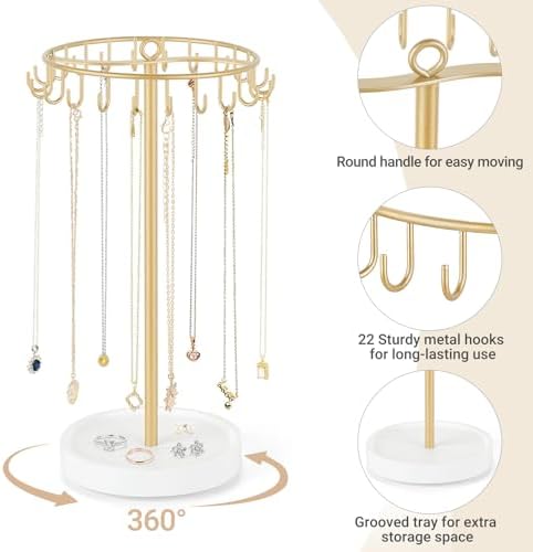 Mkono Rotating Necklace Holder, Gold Jewelry Display Rack Organizer
