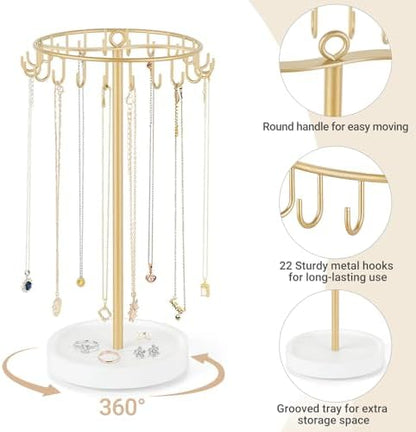 Mkono Rotating Necklace Holder, Gold Jewelry Display Rack Organizer