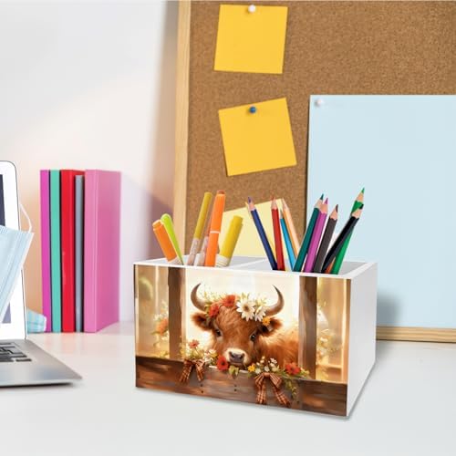 Rustic Floral Highland Cow Pen Holder for Desk, Gifts for Highland Cow