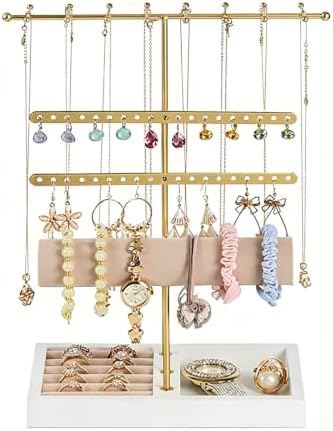 Jewelry Holder Stand with Velvet Tray, 3-Tier Gold Metal Organizer for