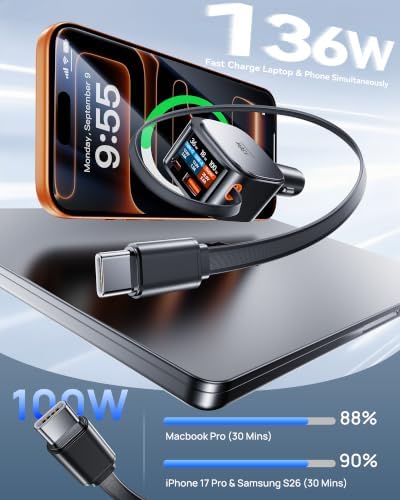 Estbuc 136W Retractable Car Charger, Fast USB C Cigarette Lighter