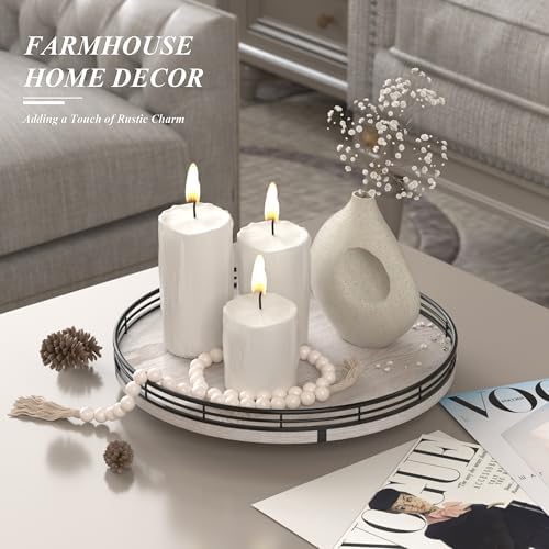 AMH 12-Inch Whitewashed Farmhouse Lazy Susan Tray with Black Metal