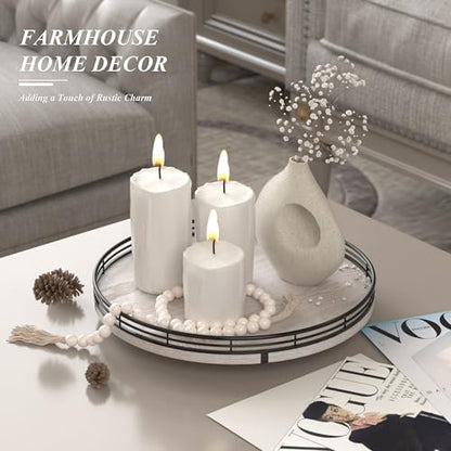 AMH 12-Inch Whitewashed Farmhouse Lazy Susan Tray with Black Metal