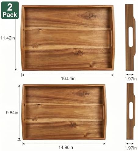 Acacia Wood Serving Tray Set of 2 with Handles for Ottoman Coffee