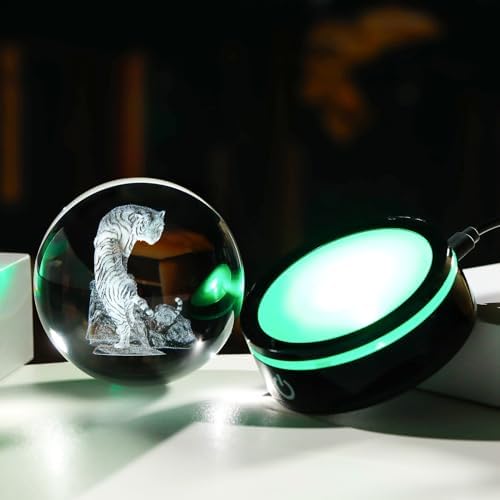 YWHL 3D Tiger Figurine Crystal Ball with Colorful Light Base, Tiger