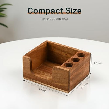 Acacia Wood Sticky Note Holder with 3 Pen Holders, 3x3 Post It Note