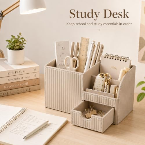 KINGFOM Luxury PU Leather Desk Organizer with Drawer, Modern Aesthetic