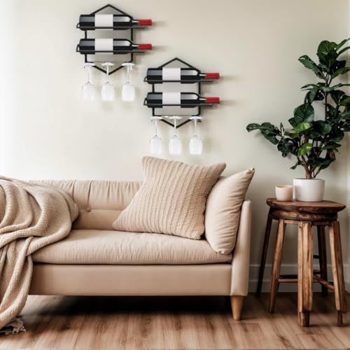 Wall Mounted Wine Rack, 2-Pack Black Metal, 4-Bottle Holder with