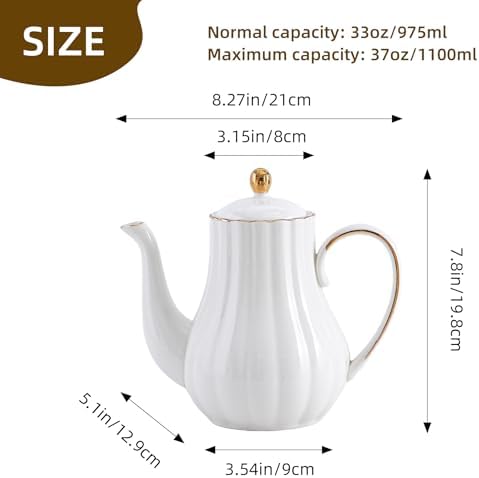 White Ceramic Teapot 33oz,tea pot for loose leaf tea coffee milk Gifts