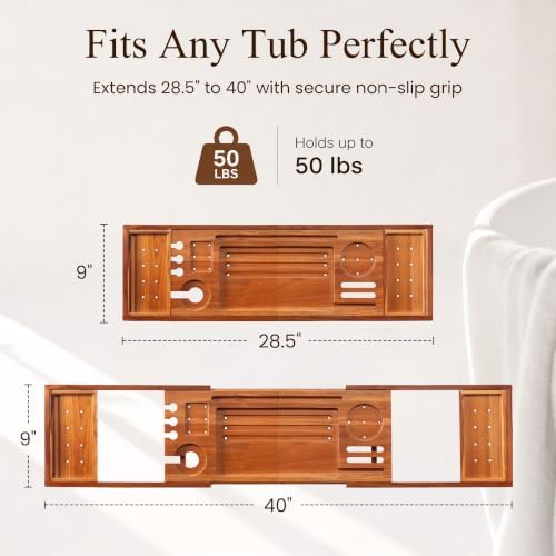 Teak Bathtub Tray, Expandable Bath Caddy 28.5-40", Stained