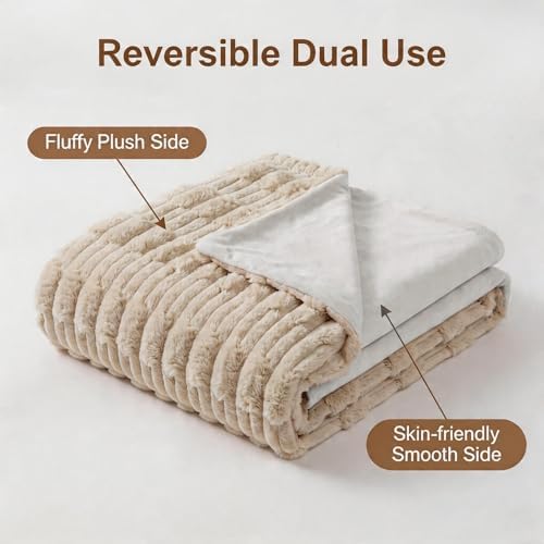 Doule Layer Super Soft Faux Fur Throw Blanket, Ribbed Bamboo Design