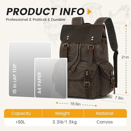 HuaChen Vintage Waxed Canvas Backpack with Genuine Leather Flap