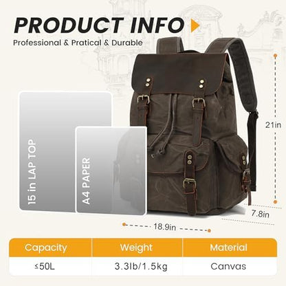 HuaChen Vintage Waxed Canvas Backpack with Genuine Leather Flap
