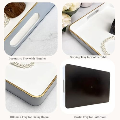 White Decorative Tray, Rectangular Serving Trays with Handles,Ottoman