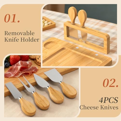 Bamboo Charcuterie Boards Gift Set, Cheese Board and Knife Set