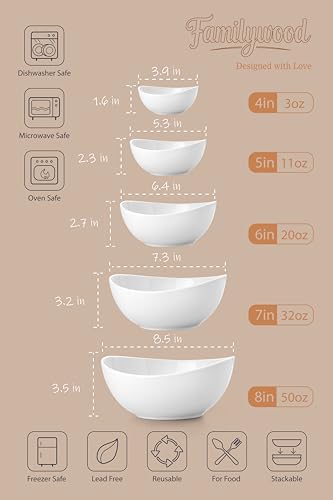 Porcelain Serving Bowls set for Entertaining, 3-11-20-32-50 Ounce