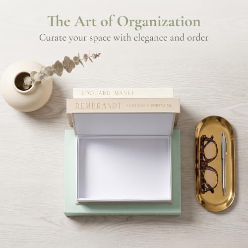 Aesthetic Decorative Books - Set of 3 with Gold Metal Tray, Linen Fake