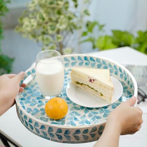 PEMAR 12.6” Mother of Pearl Round Serving Tray with Handles