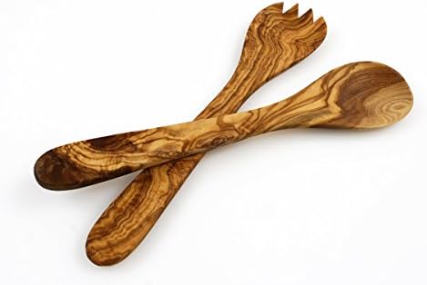 Olive Wood Salad Server Set - 12 Inch Wooden Tongs - Rustic French