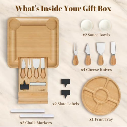 CAWIU Bamboo Charcuterie Board Set with Lid, Drawer and Fruit Tray