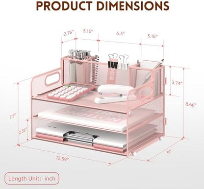 3-Tier Desk Organizer with Pen Holder and Handles, Paper Organizer