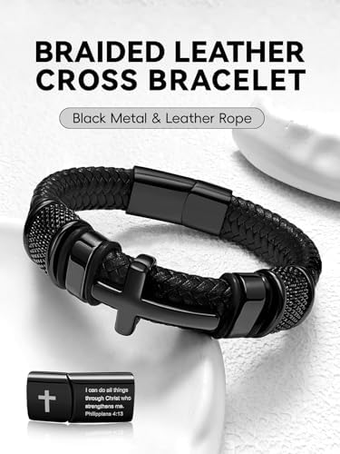Black Cross Cuff Bracelet for Men, Philippians 4:13 Stainless Steel
