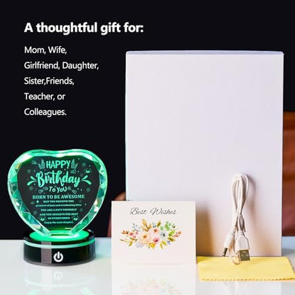 Birthday Gifts for Women Men, Crystal Heart Keepsake with LED Light