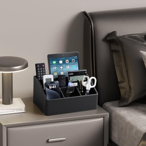 PU Leather Desk Organizer, Remote Control Holder (Black)