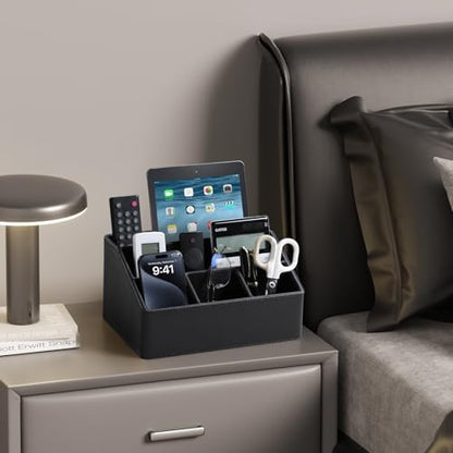 PU Leather Desk Organizer, Remote Control Holder (Black)