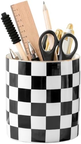 Ceramic Checkered Pen Holder For Desk Cute Stand Gold Line Pencil Cup