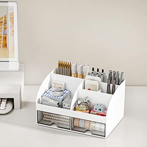 COMFYROOM Desk Organizer with 6 Compartments and 2 Drawers, Plastic