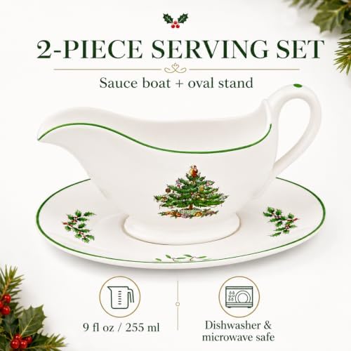 Spode Christmas Tree 9 Oz Gravy Boat & Stand - Set of 2