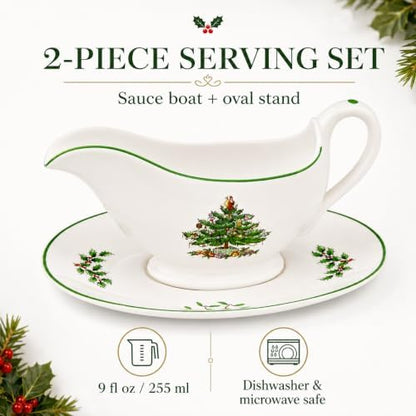 Spode Christmas Tree 9 Oz Gravy Boat & Stand - Set of 2
