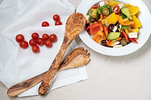 Olive Wood Salad Server Set - 12 Inch Wooden Tongs - Rustic French