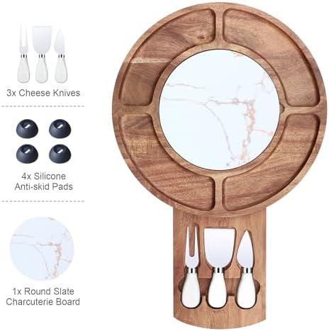 13.5" Round Acacia Wood Cheese & Charcuterie Board Set with Slate