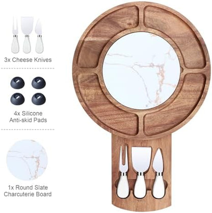13.5" Round Acacia Wood Cheese & Charcuterie Board Set with Slate