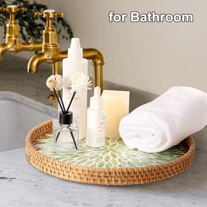 Round Rattan Tray with Mother of Pearl Inlay, Rattan Serving Tray for