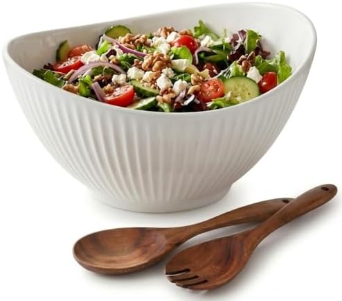 60oz Large Ceramic Salad Bowl with Acacia Wood Utensils, 10" Oval