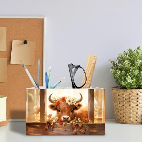 Rustic Floral Highland Cow Pen Holder for Desk, Gifts for Highland Cow