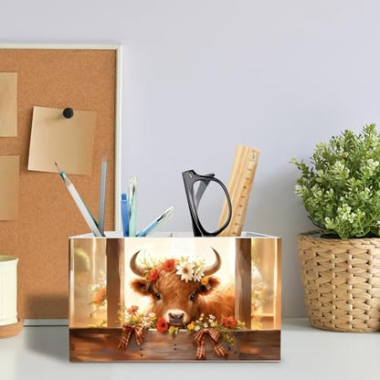 Rustic Floral Highland Cow Pen Holder for Desk, Gifts for Highland Cow