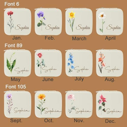 DayOfShe Personalized Travel Jewelry Box with Name and Birth Flower